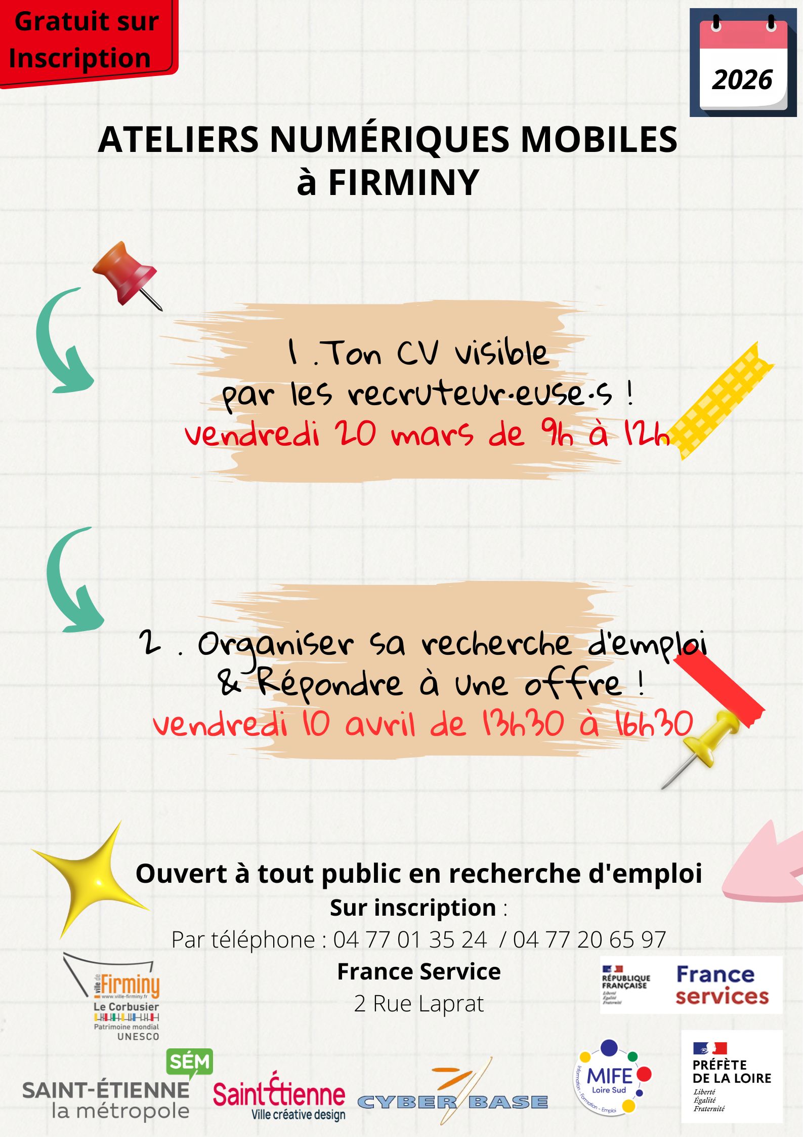 Affiche pour les ateliers numériques à Firminy le 10/04/2026.