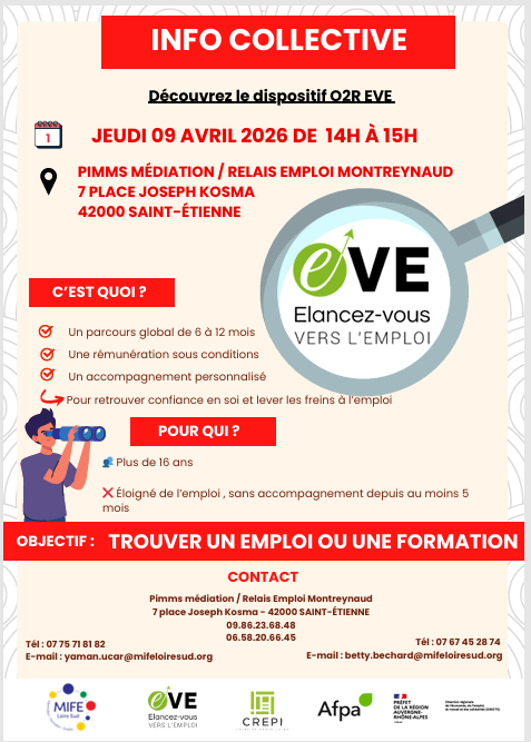 Affiche pour l'Info Coll du dispositif O2R-EVE au PIMM'S de Montreynaud le 09/04/2026