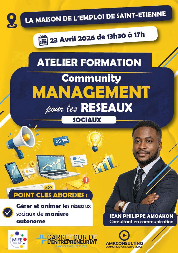 Affiche pour l'atelier "Community management pour les réseaux sociaux" le 23/04/2026