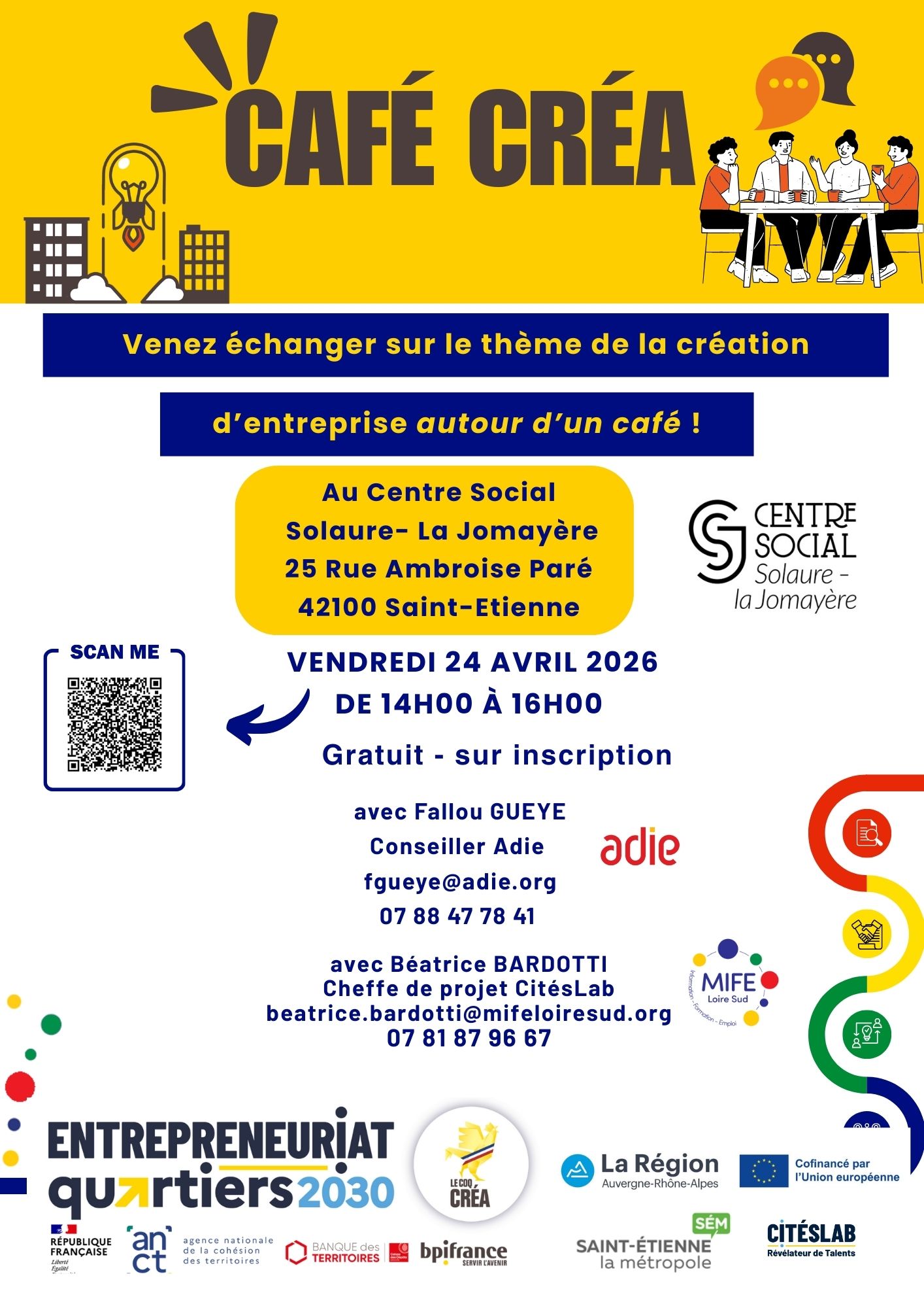 Affiche pour le café créa au CS de Solaure le 24/04/2026
