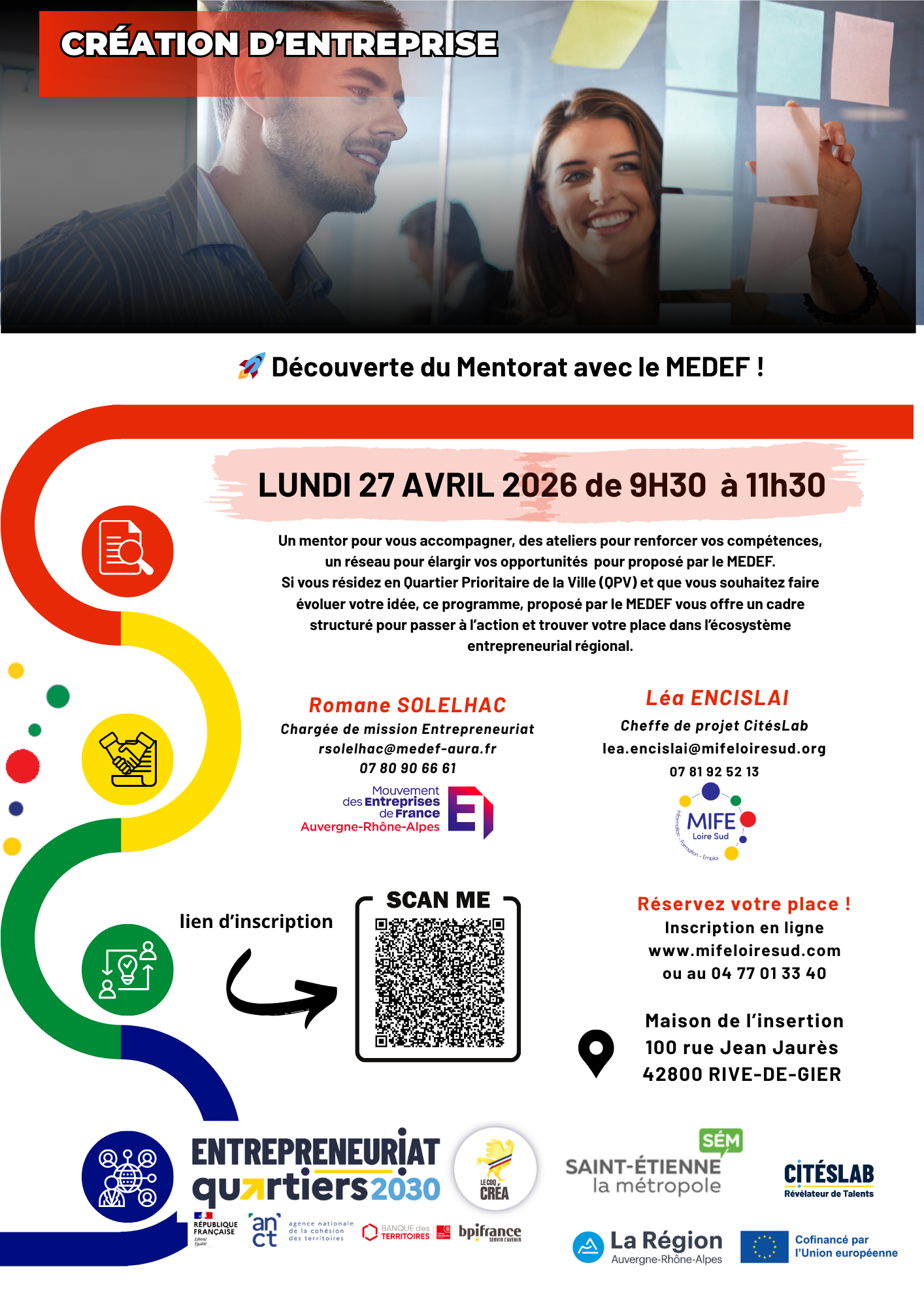 Affiche pour l'atelier "Découverte du mentorat avec le MEDEF" le 27/04/2026