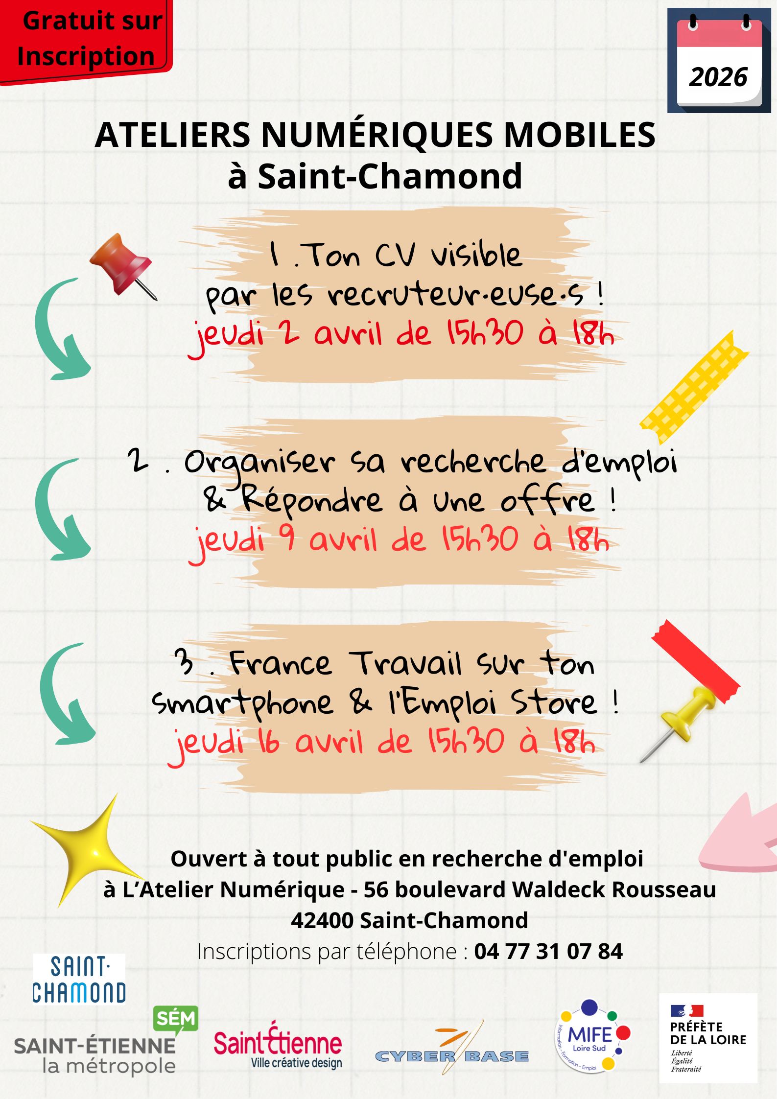 Affiche pour l'atelier numérique à Saint-Chamond avril 2026.