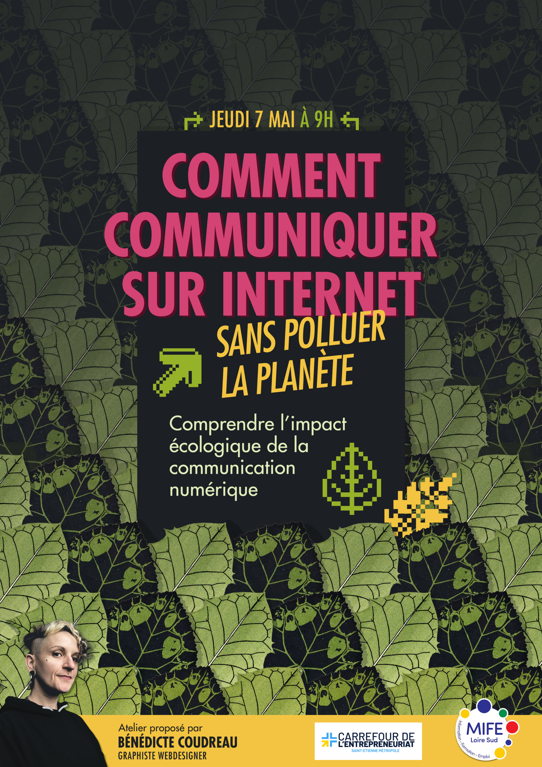 Affiche de l'atelier créa : comment communiquer sur internet "sans polluer la planète", le 07/05/2026
