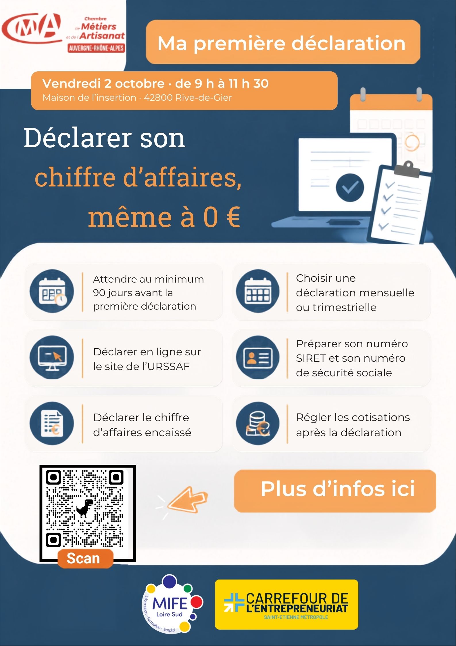 Affiche de l'atelier " Ma première déclaration", le 02/10/2026 à Rive de Gier