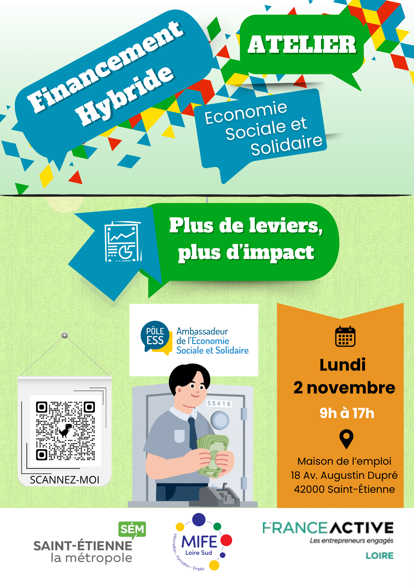 Affiche de l'atelier ESS ' Financement hybride" à la maison de l'Emploi à Saint-Étienne, le 02/11/2026