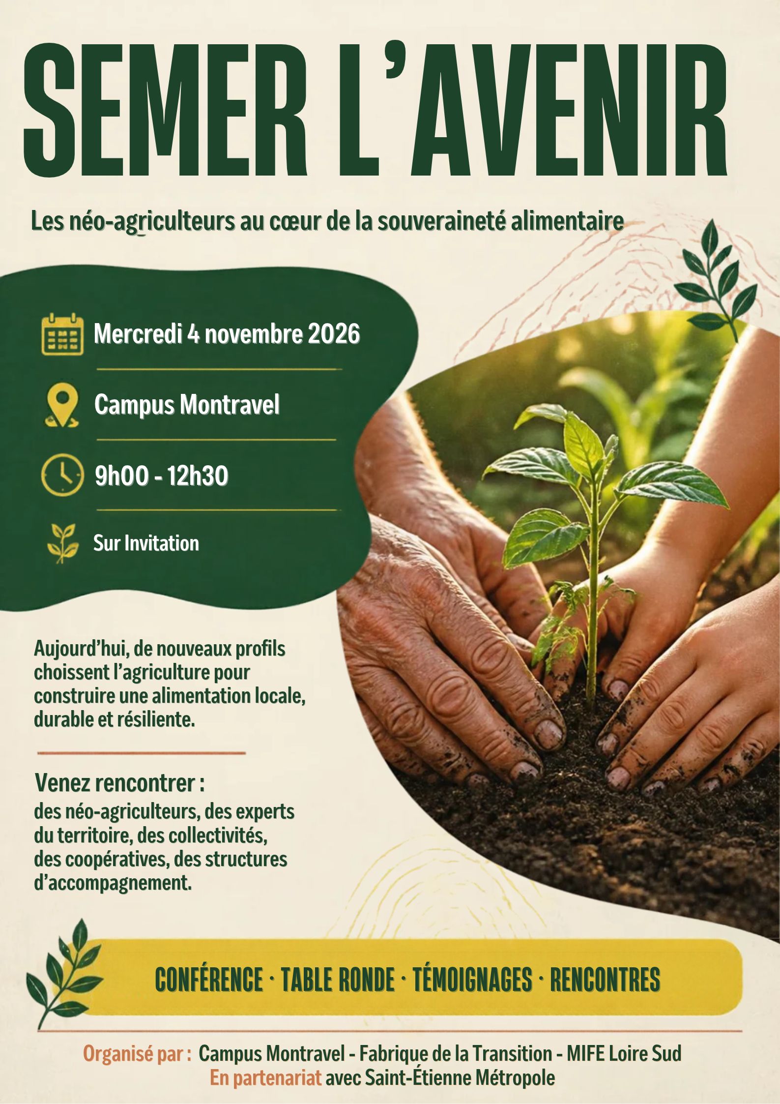 Affiche pour l'atelier "Semer l'avenir" au Campus Montravel, le 04/11/2026