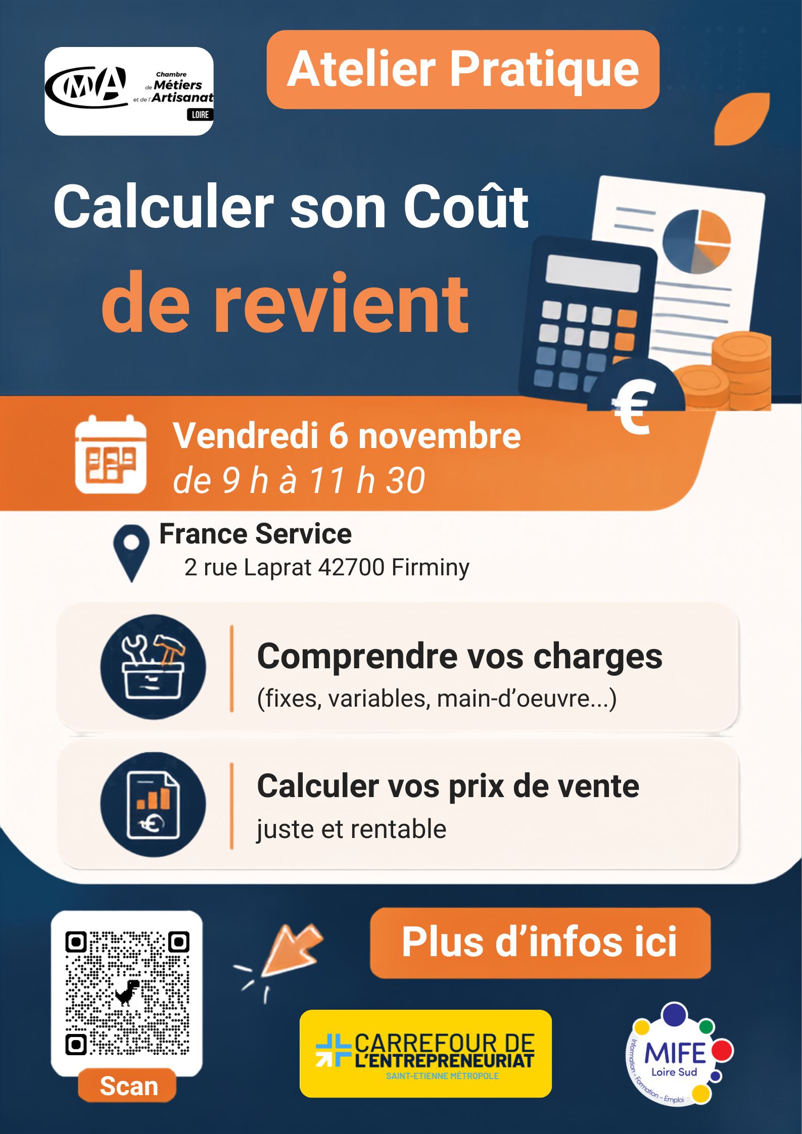 Affiche pour l'atelier "Calculer son coût de revient" le 06/11/2026